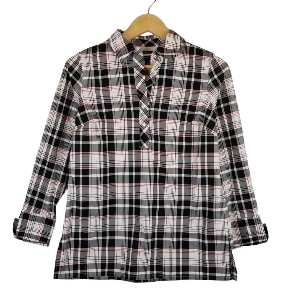 Talbots Black White Red Plaid Popover Blouse Size 2